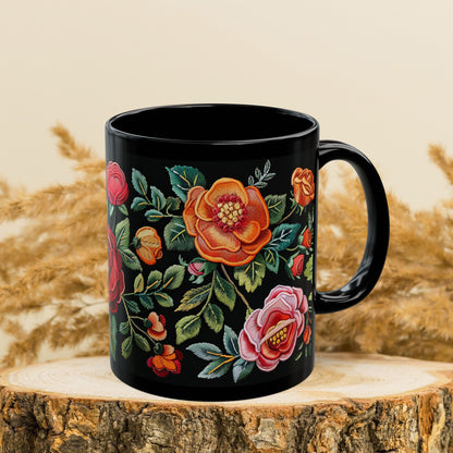 Vintage Roses Pattern Embroidery Black Mug 11oz