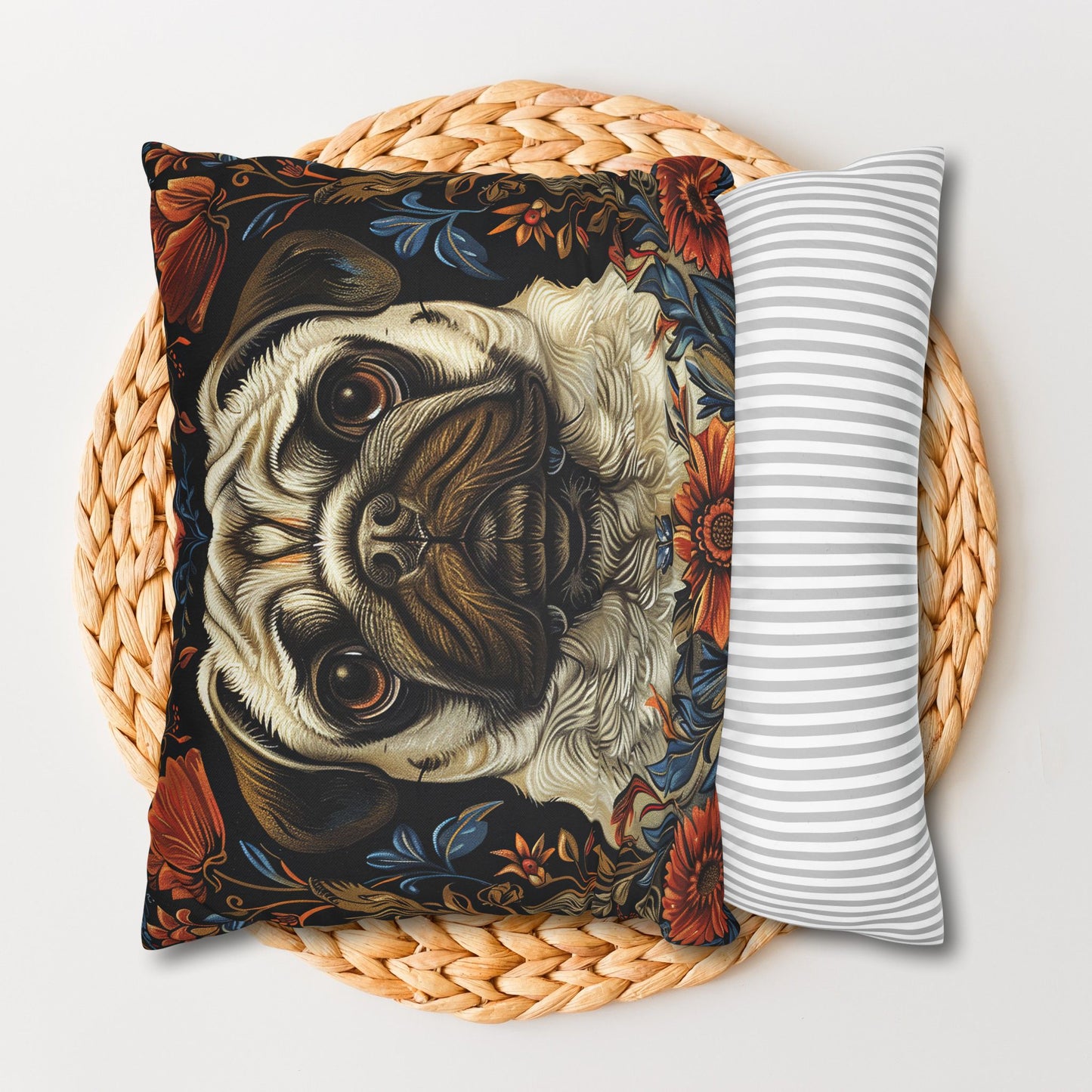 William Morris Inspired Pug Dog  Decorative Pug  Spun Polyester Square Pillowcase