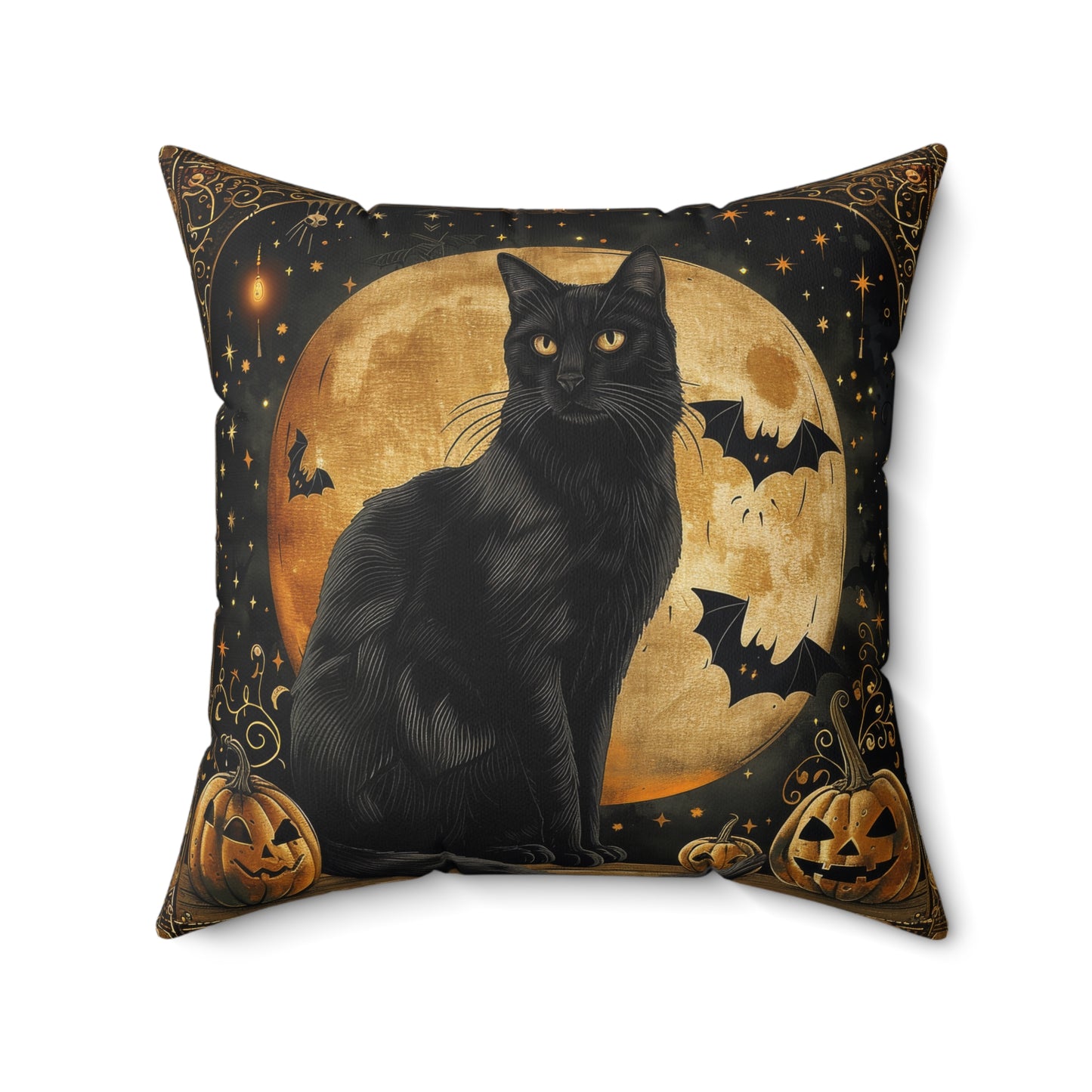 Square Pillow - Art Deco Full Moon Black Cat Halloween Home Decor Pillow