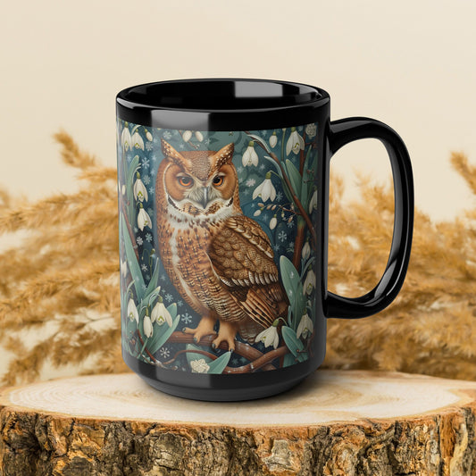 Whimsical Owl Snowdrop Floral Black Mug - Woodland Nature Coffee Cup, Forest Animal Art Gift, Cozy Rustic Drinkware