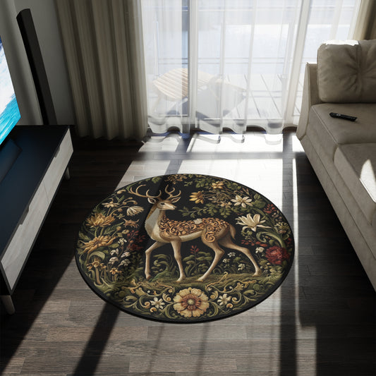 Elegant Deer Themed Round Rug, Bohemian Decor, Nature Inspired Home Accent, Floral Area Rug, Gift for Nature Lovers