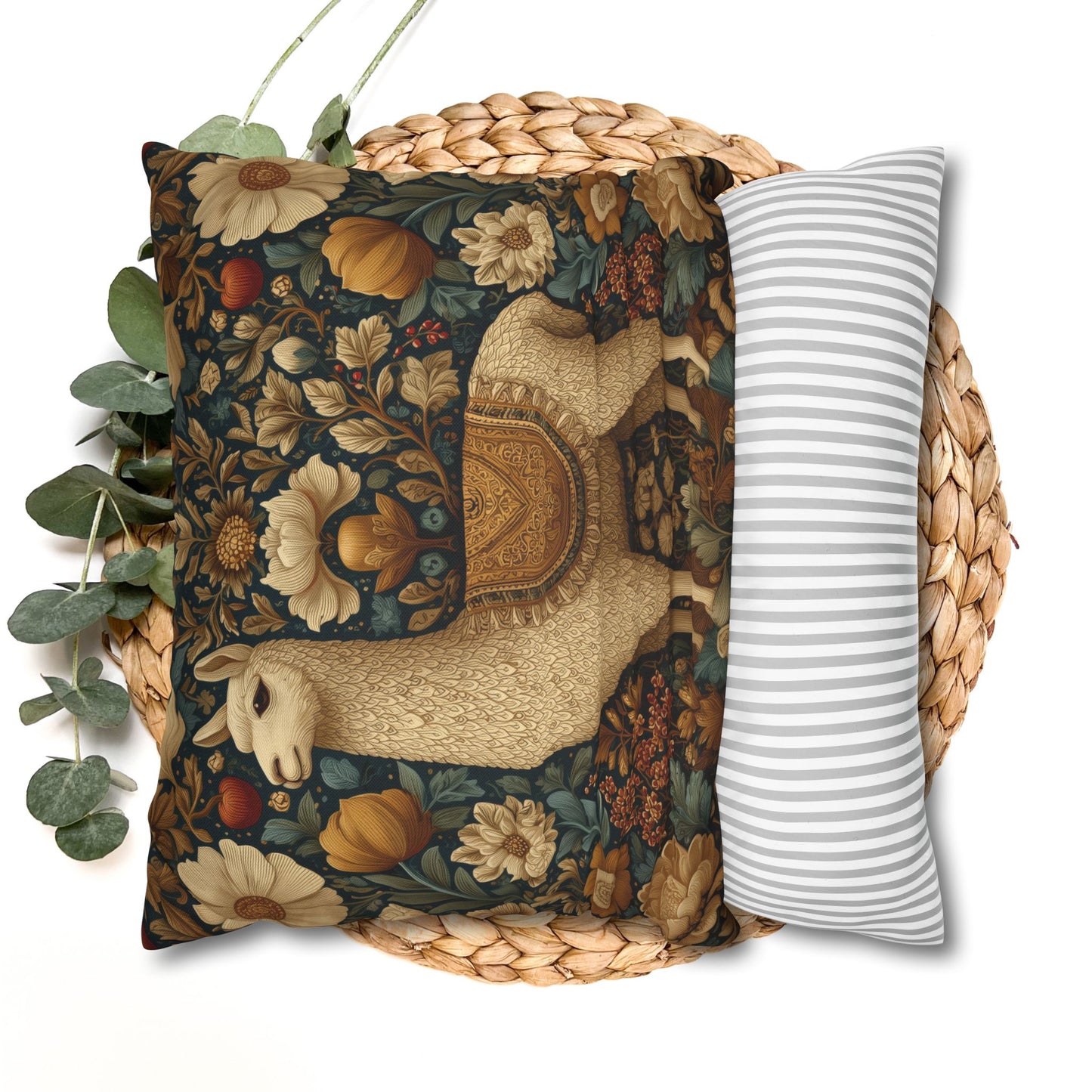 Golden Alpaca Floral Pillowcase, William Morris Style Botanical Animal Cushion Home Décor