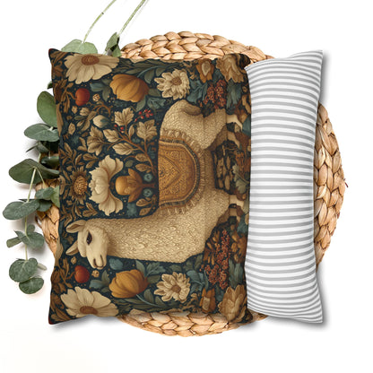 Golden Alpaca Floral Pillowcase, William Morris Style Botanical Animal Cushion Home Décor
