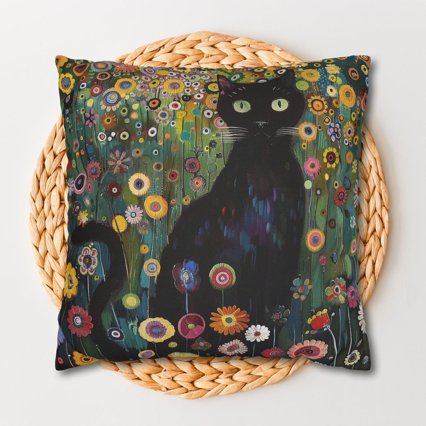 Whimsical Cat Floral Mewdow Square Pillowcase, Gustav Klimt Home Decor, Black Cat Cushion