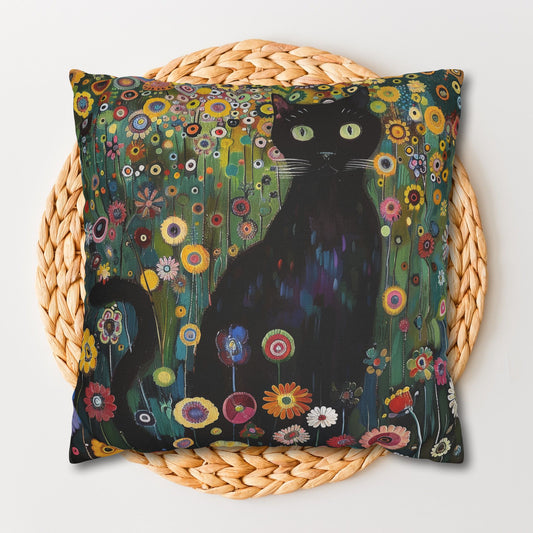 Whimsical Cat Floral Mewdow Square Pillowcase, Gustav Klimt Home Decor, Black Cat Cushion