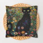 Whimsical Cat Floral Mewdow Square Pillowcase, Gustav Klimt Home Decor, Black Cat Cushion