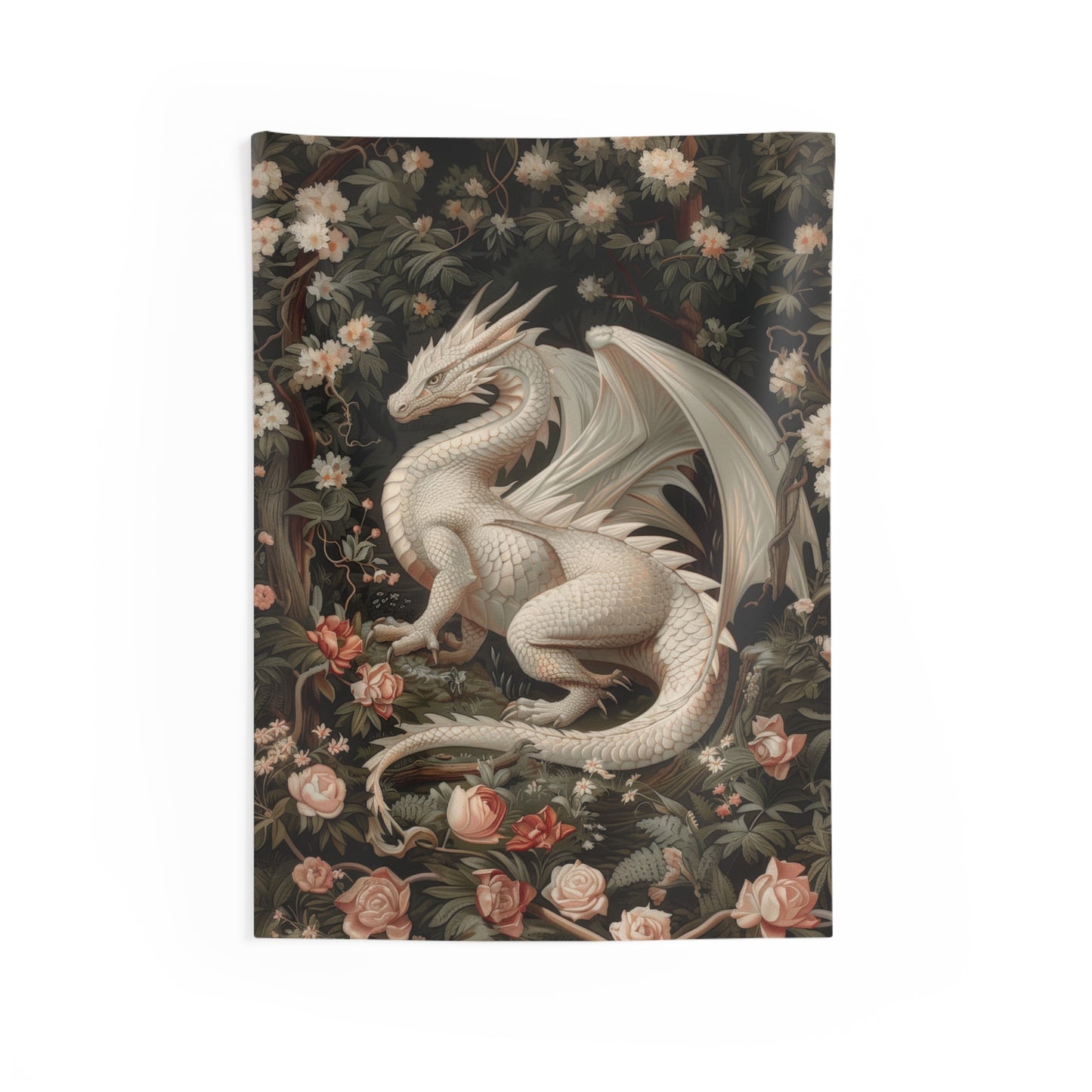 Tapestry of Magical White Dragon | William Morris Medieval Style Wall Art | Cottagecore Hanging and Home Decor