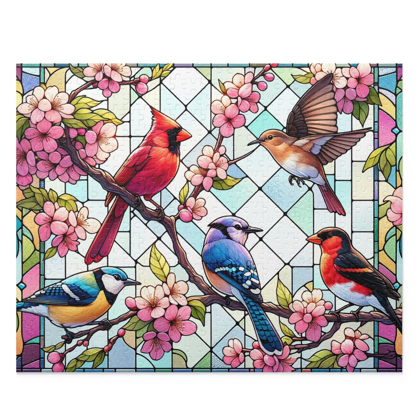 Stained Glass of 5 Spring Birds Jigsaw Puzzle (120, 252, 500-Piece) Adult Jigsaw Puzzle, Gift Him Her