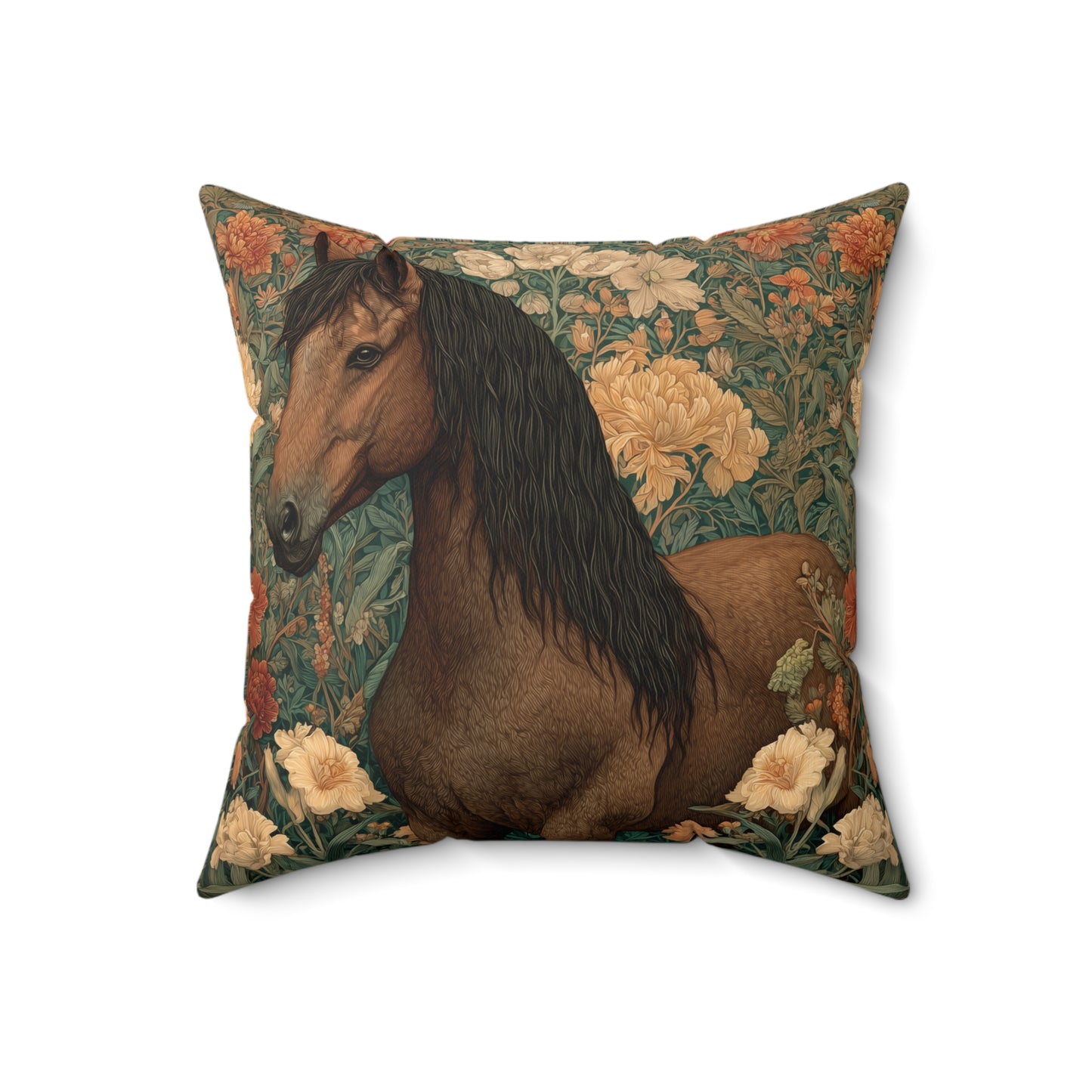 Majestic Horse Floral Pillow, William Morris Style Botanical Equestrian Cushion