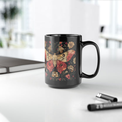 William Morris Inspired Botanical Rosy Maple Moth Black Mug 11oz, 15 oz