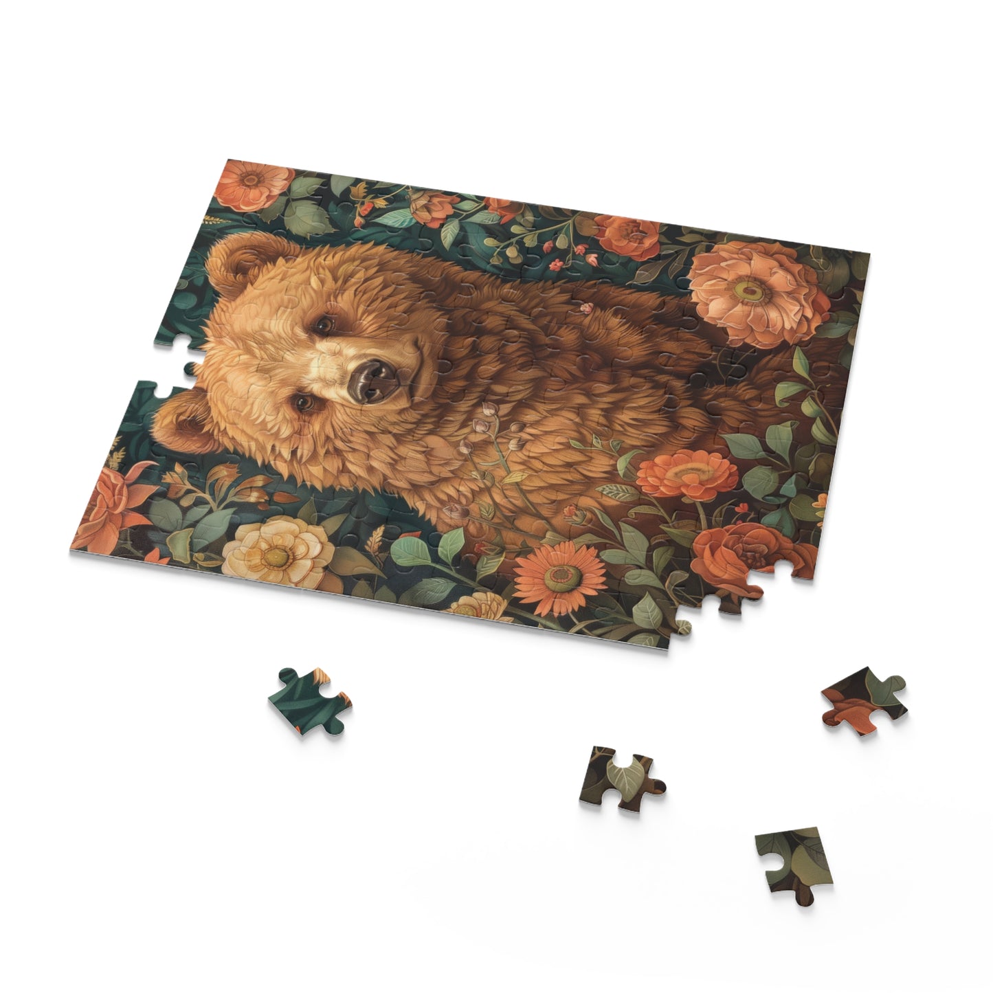 William Morris Inspired Brown Bear Wildflowers Puzzle Box (120, 252, 500-Piece) Family Jigsaw Puzzle, Puzzle Box Gift