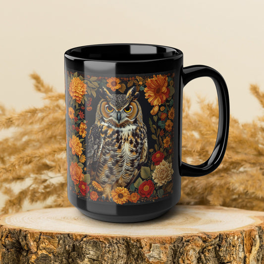Autumn Great Horned Owl Black Coffee Mug, Fall Floral Wildlife Art, Woodland Animal Coffee Cup, Nature Lover Gift