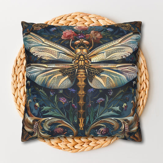 Vivian Dragonfly Indigo Ornate Decorative Pillowcase, William Morris Inspired | Cottage-core Pillowcase