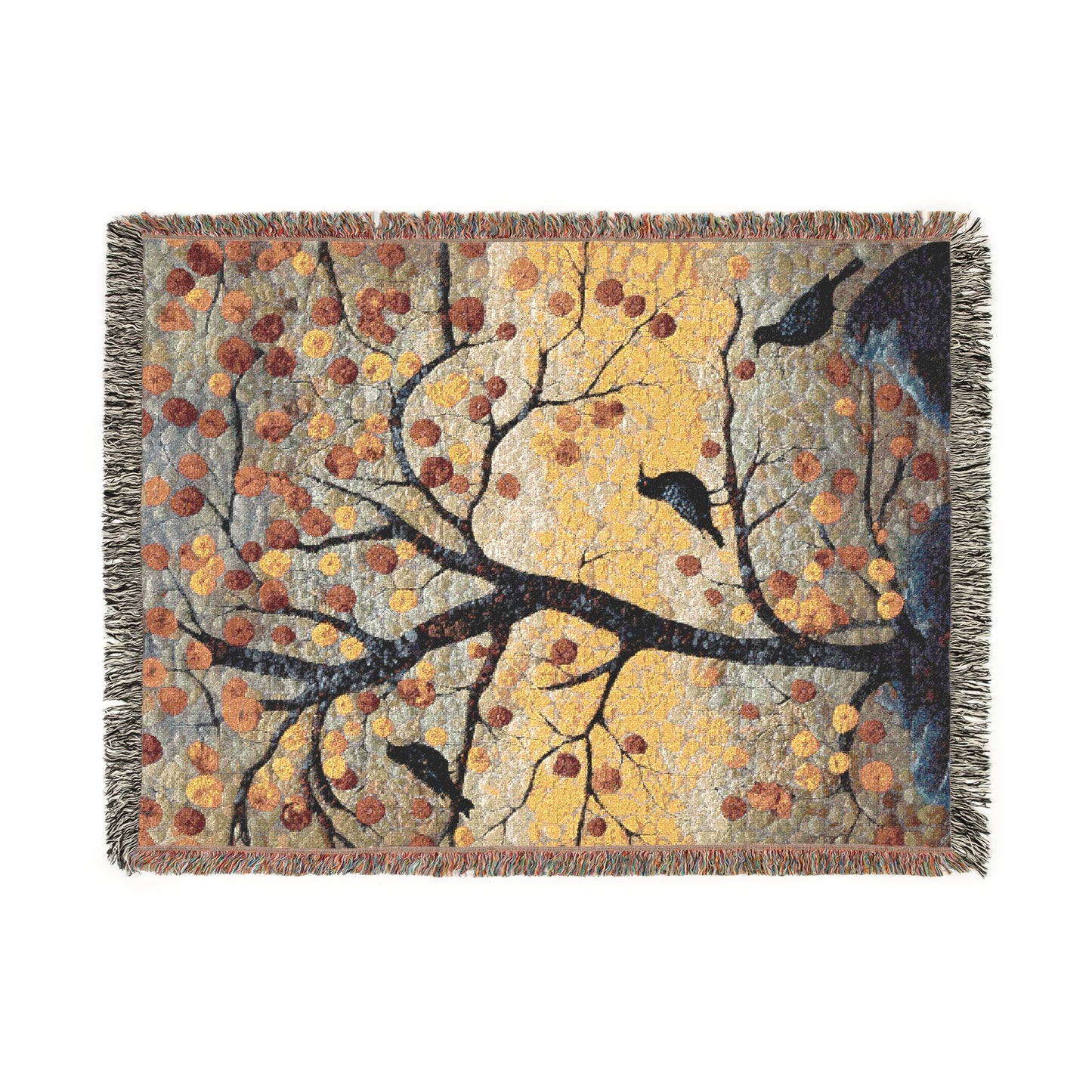 Autumn Ravens & Golden Tree Woven Cotton Blanket, Cozy Fall Nature Throw