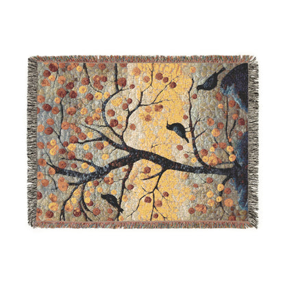 Autumn Ravens & Golden Tree Woven Cotton Blanket, Cozy Fall Nature Throw