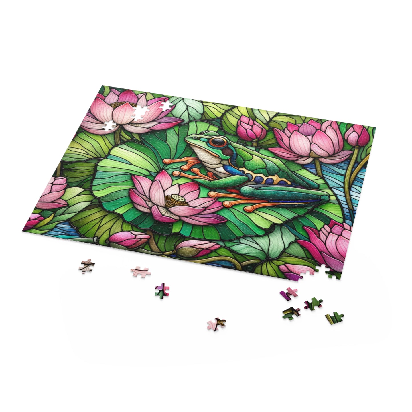 Stained Glass Frog Pink Water Lily Puzzle (120, 252, 500-Piece) Family Jigsaw Puzzle, Puzzle Box Gift