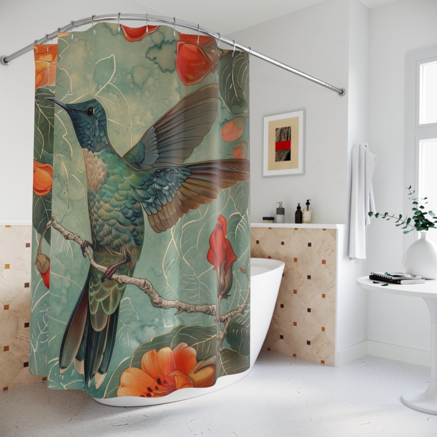 Hummingbird Art Deco Print Shower Curtain, Housewarming Gift