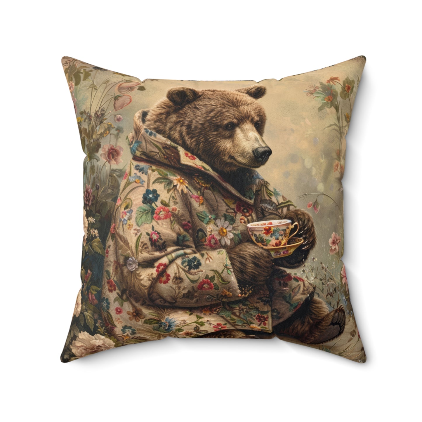 Cozy Floral Bear Tea Time Pillow Decorative Square Throw Pillow