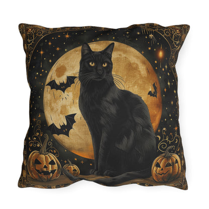 Halloween Black Cat Outdoor Pillow, Spooky Moon Throw Pillow, Pumpkin Cat Cushion, Gothic Fall Decor, Patio Accent Pillow