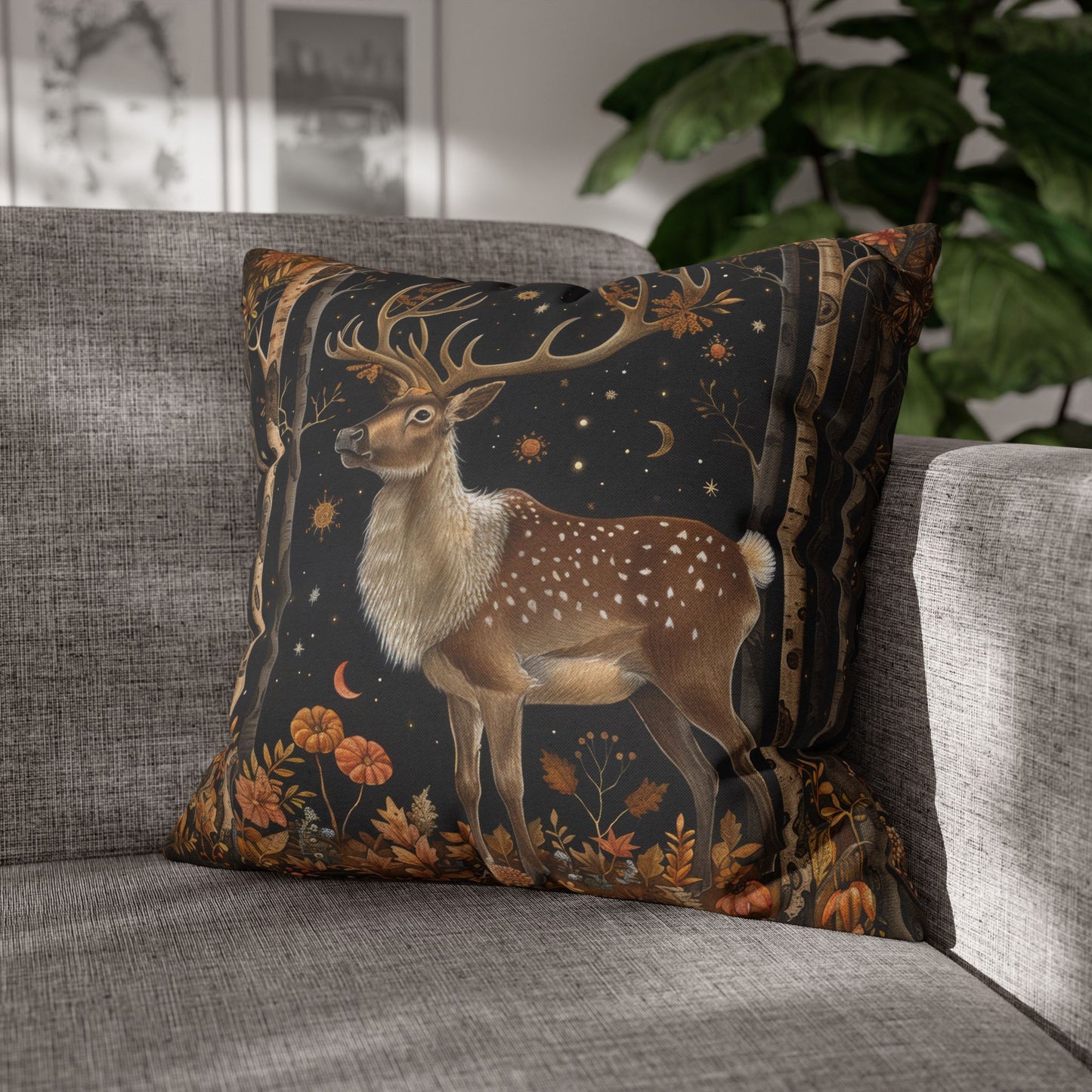 Victorian Reindeer Full Moon And Stars in Whimsical Night Pillowcase