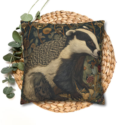 Vintage Badger Botanical Pillowcase, William Morris Inspired Woodland Animal Cushion