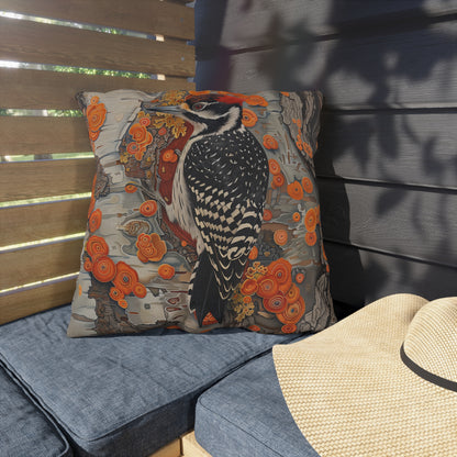 Woodpecker Outdoor Pillow, Bird Throw Pillow, Woodland Cushion, Rustic Cabin Decor Pillow, Nature Lover Gift, Botanical Accent Pillow, Wildlife Pillow