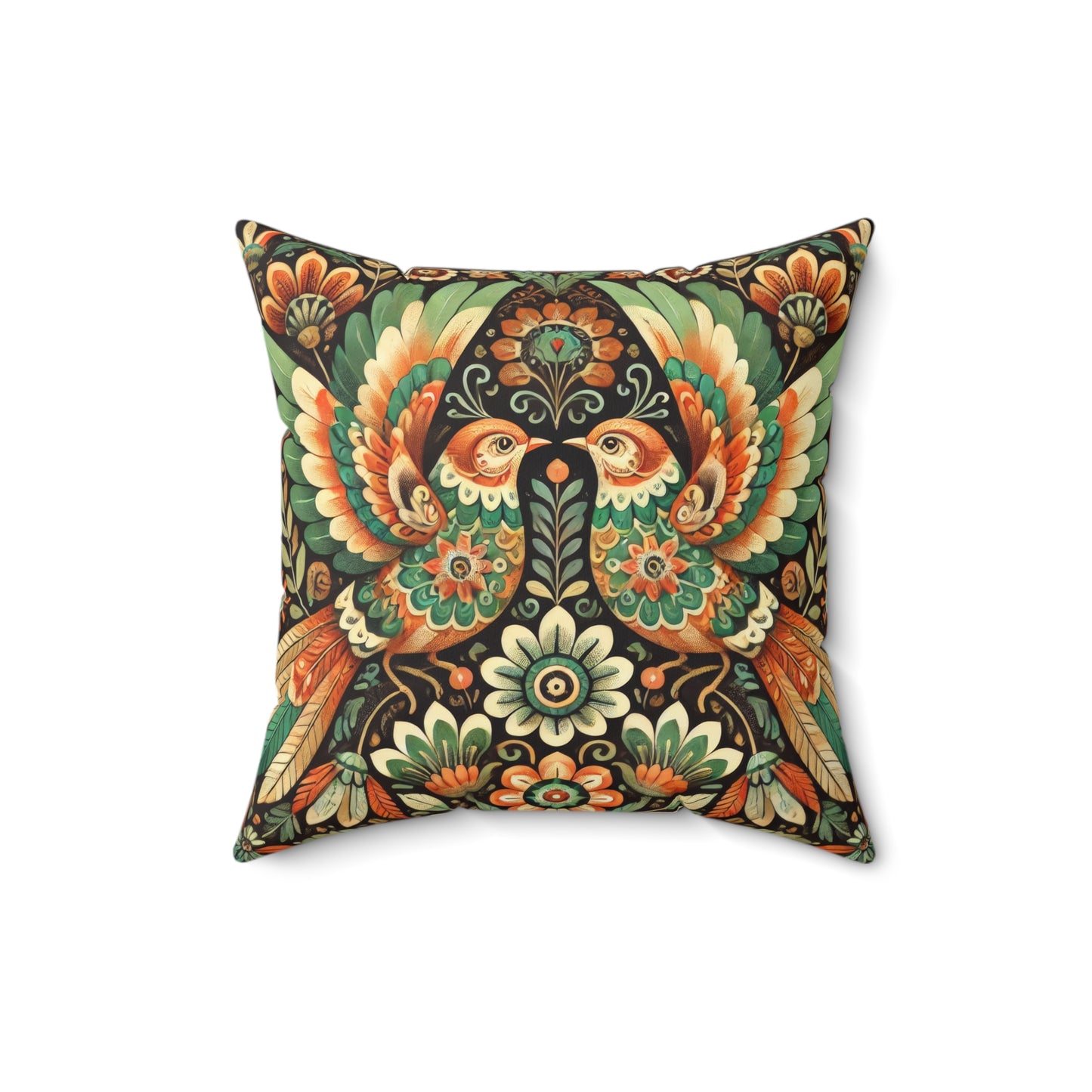 Folk Art of Two Birds and Flowers Pattern Decorative Pillow