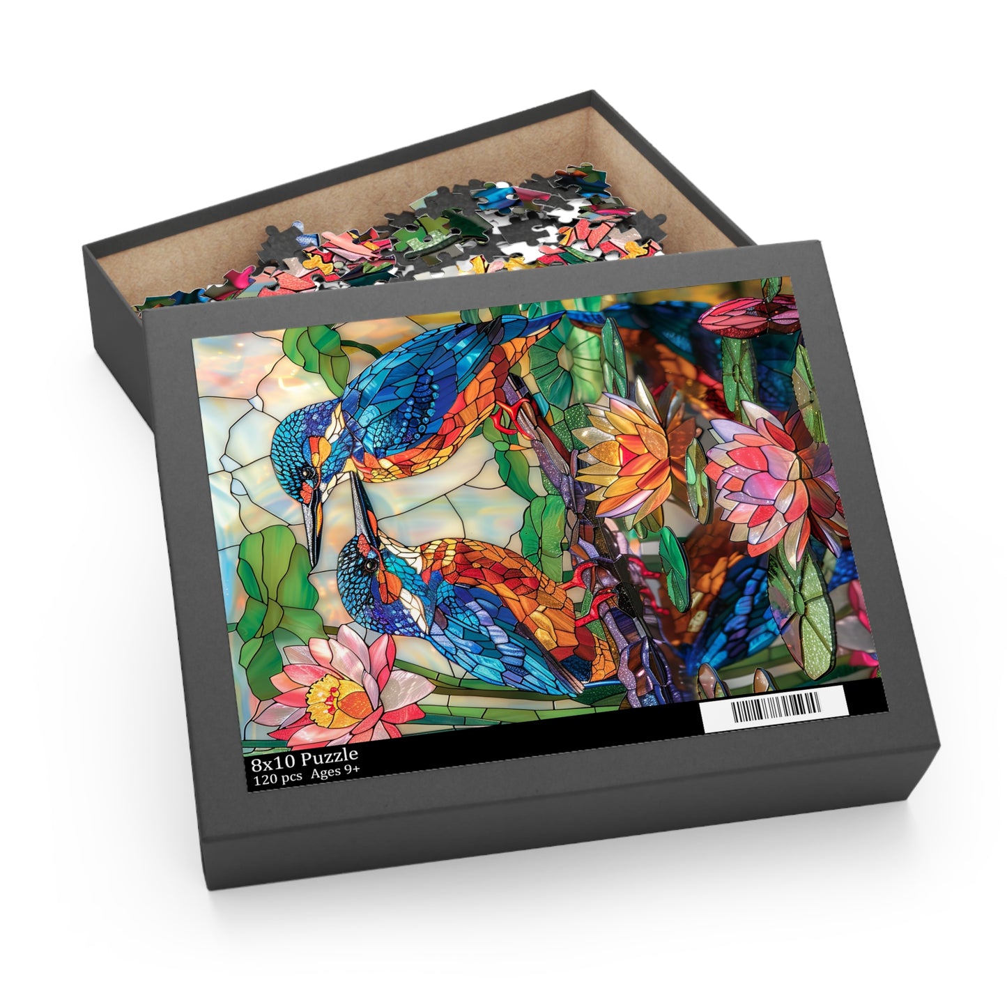 Faux Stained Glass Kingfishers Water Lily Puzzle Box (120, 252, 500-Piece) Family Jigsaw Puzzle, Puzzle Box Gift