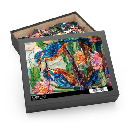 Faux Stained Glass Kingfishers Water Lily Puzzle Box (120, 252, 500-Piece) Family Jigsaw Puzzle, Puzzle Box Gift