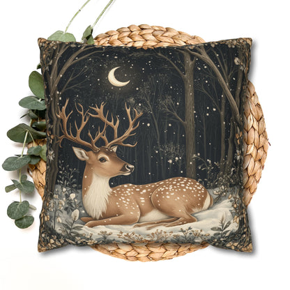 Winter Night Deer Throw Pillowcase, Crescent Moon Woodland Decorative Pillow