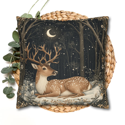 Winter Night Deer Throw Pillowcase, Crescent Moon Woodland Decorative Pillow