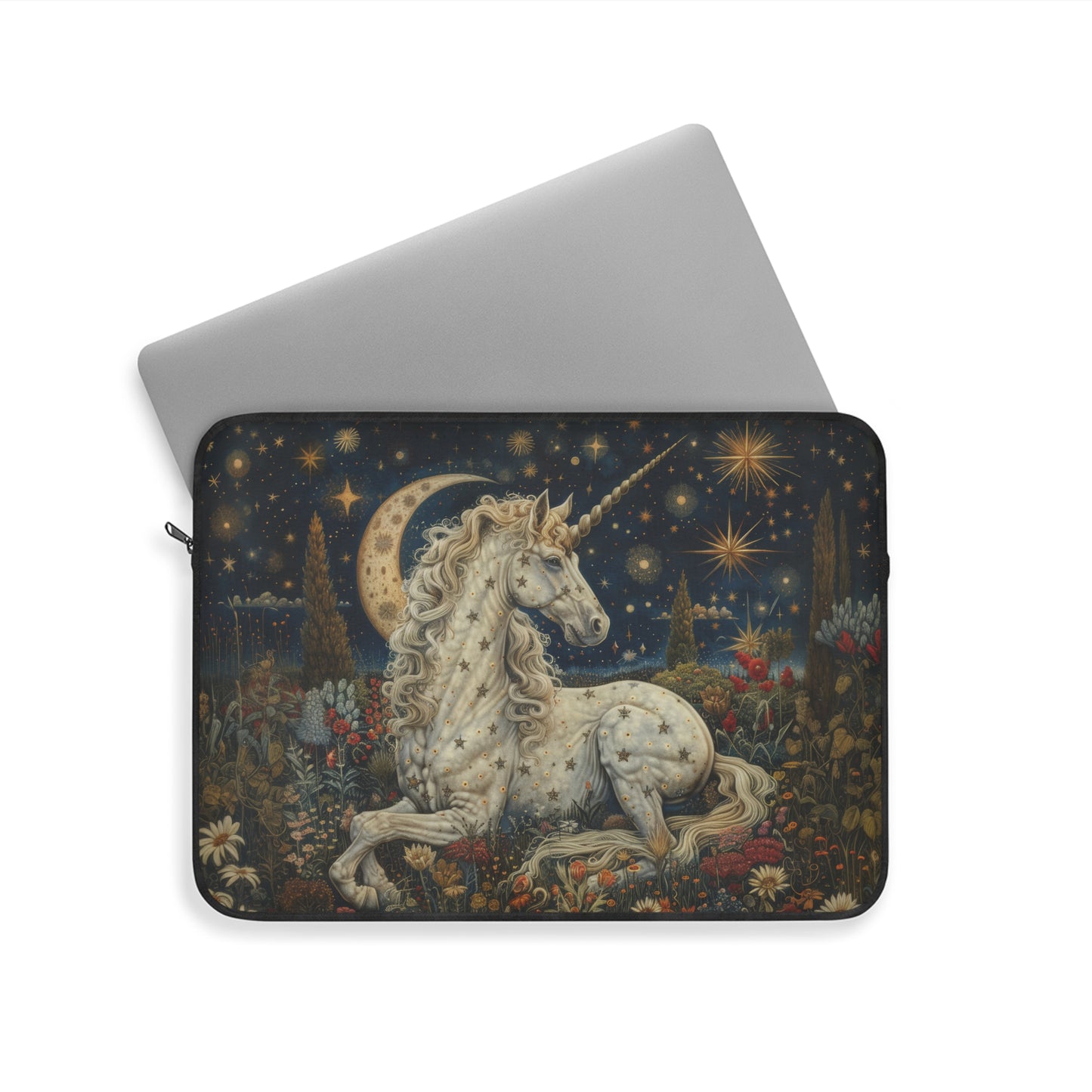 Celestial Unicorn Laptop Sleeve, Starry Night Fantasy Art Case, Mystical Moon & Floral Design Laptop Cover