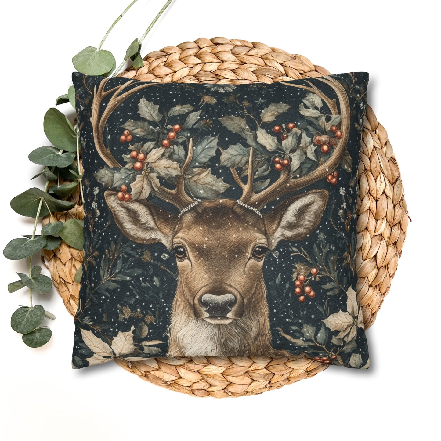 Christmas Reindeer Winter Pillowcase, William Morris Style Festive Woodland Decorative Cushion