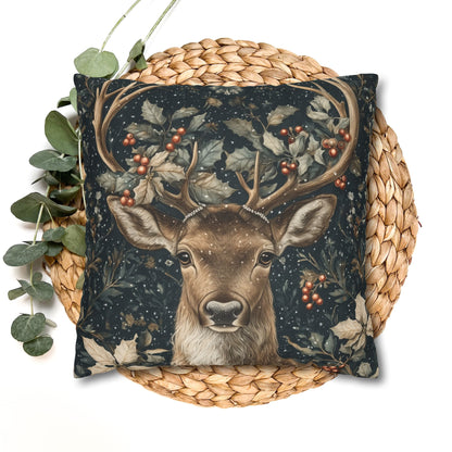 Christmas Reindeer Winter Pillowcase, William Morris Style Festive Woodland Decorative Cushion