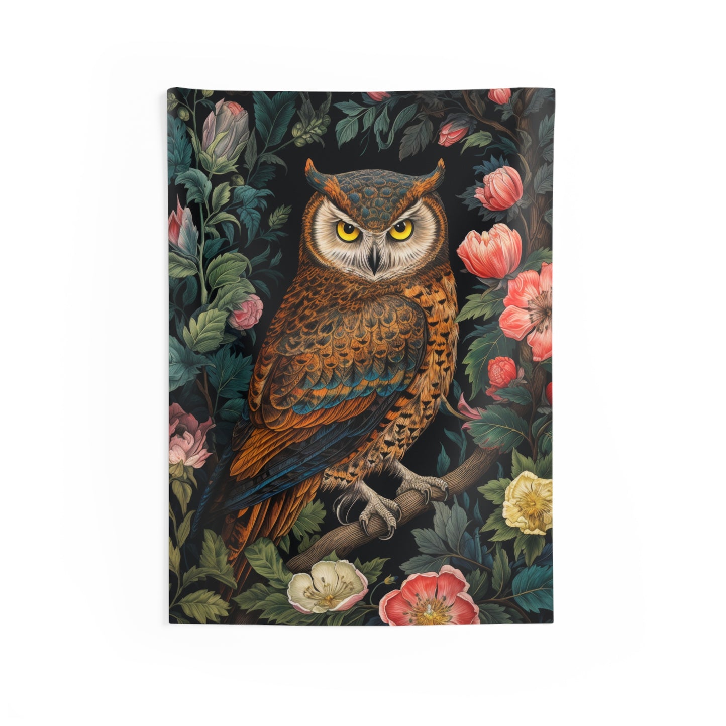 Tapestry of Floral Night Owl | William Morris Medieval Style Wall Art | Cottagecore Hanging and Home Decor