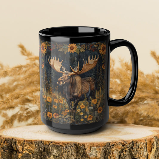 Moose Sunflower Coffee Mug: William Morris Inspired Nature Art
