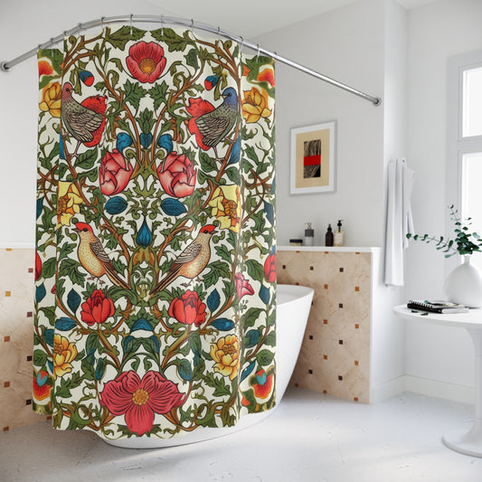 Vintage Pattern Rose And Bird in The Style of William Morris Shower Curtain | Art Deco Style Shower Curtain | Cottagecore Bathroom Decor