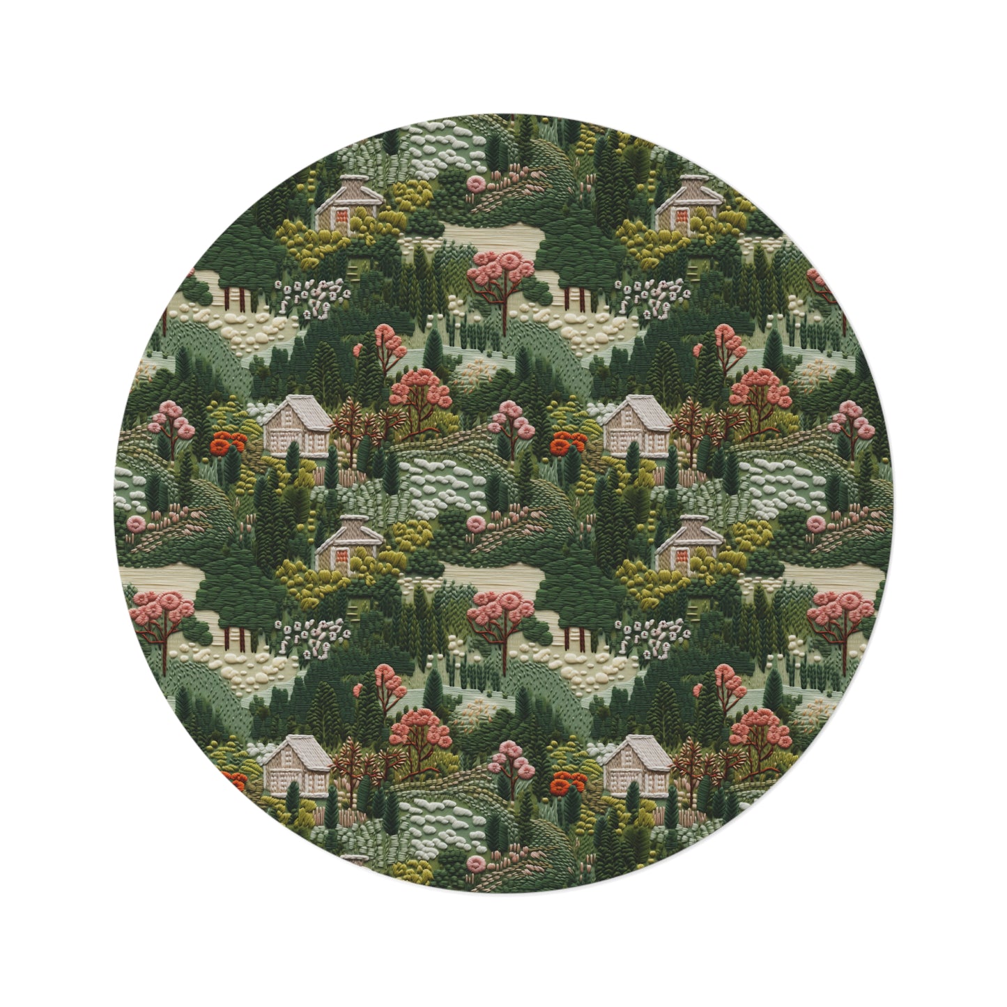 Forest Cottage Embroidery Pattern Round Area Rug, Housewarming Gift