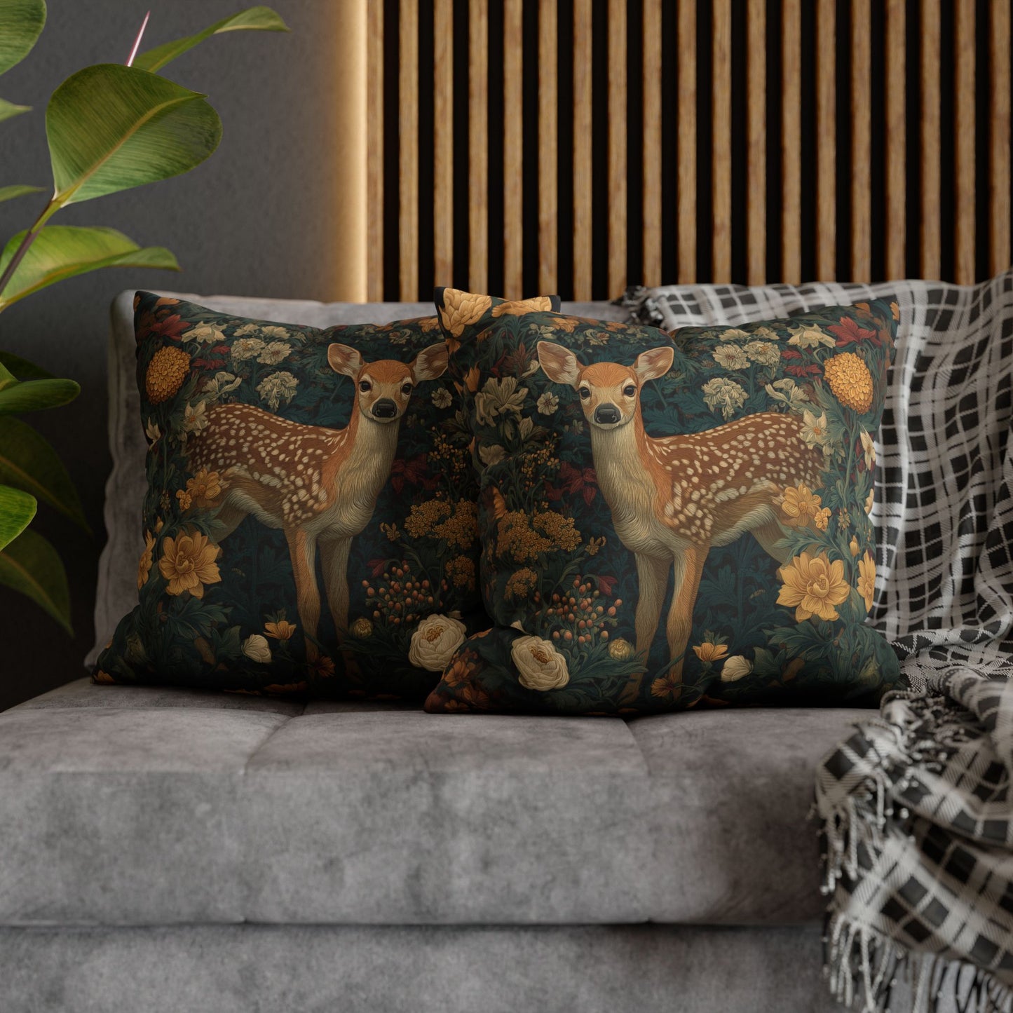 Poly Woodland Fawn Floral Pillowcase, William Morris Style Baby Deer Botanical Decorative Cushion