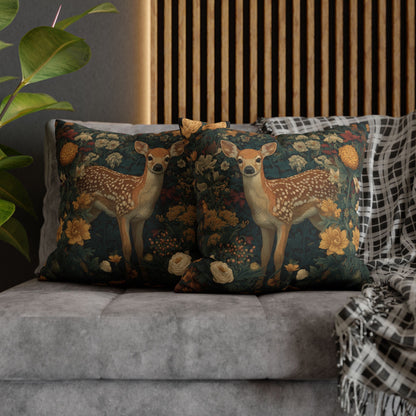 Poly Woodland Fawn Floral Pillowcase, William Morris Style Baby Deer Botanical Decorative Cushion