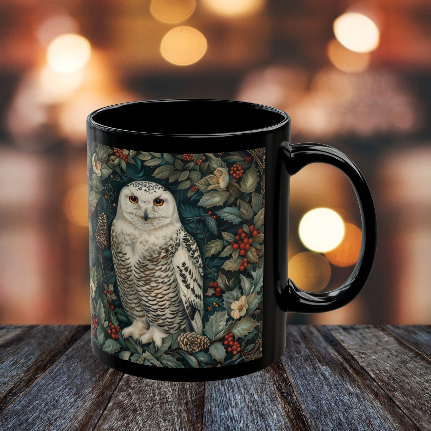 Snowy Owl Winter Mug: Black Ceramic Holiday Coffee Cup (11oz,15oz)
