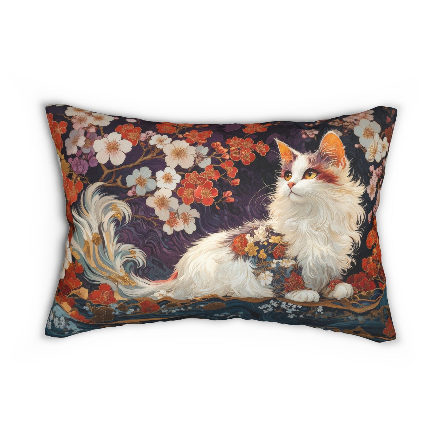 A White Calico Cat Cherry Blossom Japanese Art Style  Lumbar Pillow