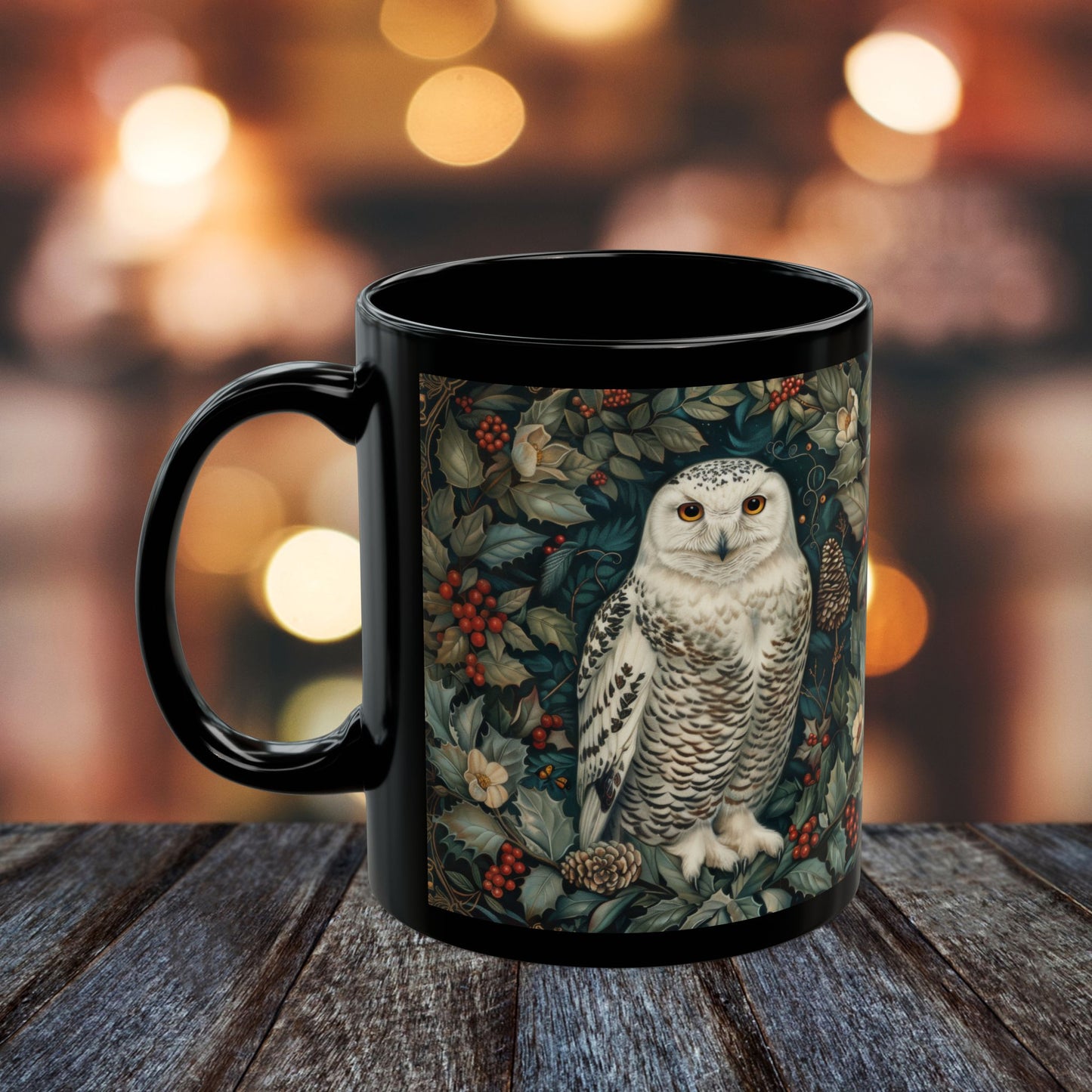 Snowy Owl Winter Mug: Black Ceramic Holiday Coffee Cup (11oz,15oz)