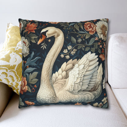Botanical Swan Pillowcase: William Morris Style Decorative Throw Pillow
