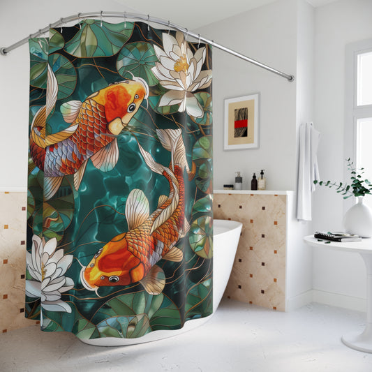 Faux Stained Glass Koi Fishes Water Lily Polyester Shower Curtain