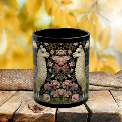 Botanical Llama Coffee Mug, William Morris Inspired Floral Black Ceramic Cup (11oz, 15oz)