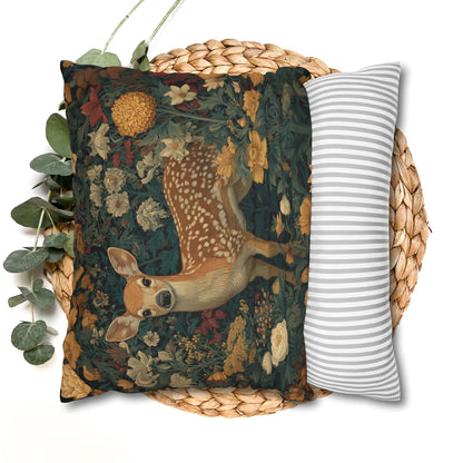 Poly Woodland Fawn Floral Pillowcase, William Morris Style Baby Deer Botanical Decorative Cushion