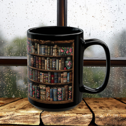 Victorian Bookshelf Mug, Vintage Bookshelf black Mug, Dark Academia Gift Idea, Book Lover Cup 11oz,15oz Botanical Books