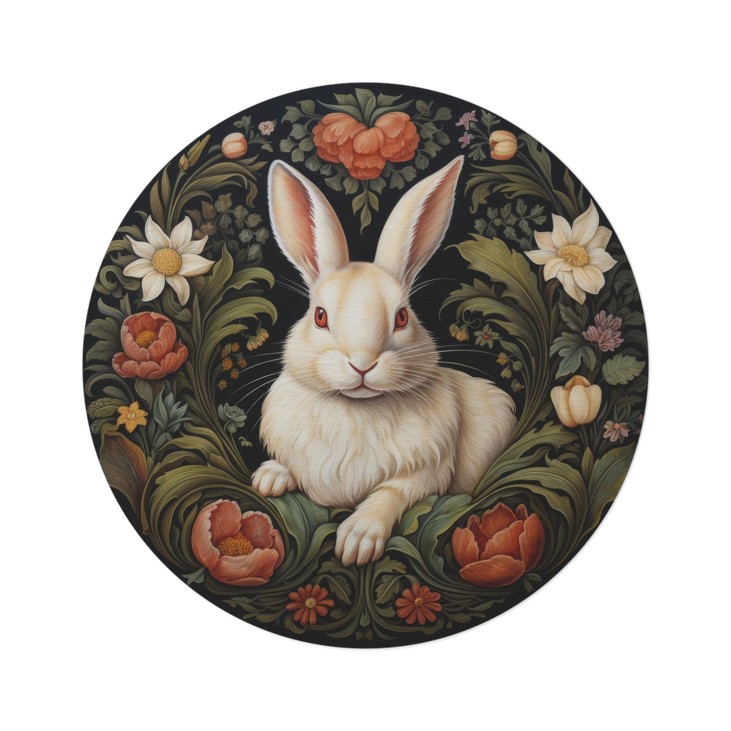 William Morris Inspired Botanical White Rabbit Home Decor, Rabbit Round Area Rug