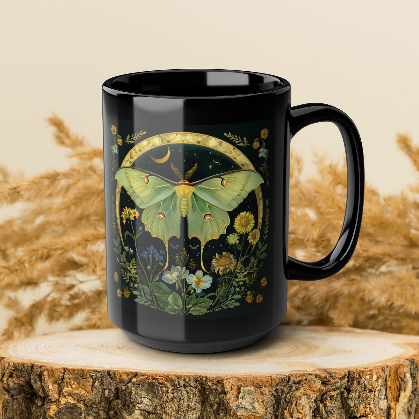 William Morris Inspired Luna Moth Crescent Moon Black Coffee Mug 11oz | Magical Luna Moth Ceramic Black Mug Gift